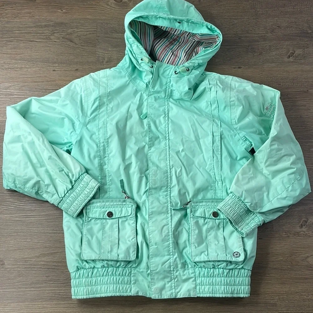 Billabong Girls Mint Green Mid Weight Hooded Windbreaker Jacket, size XL